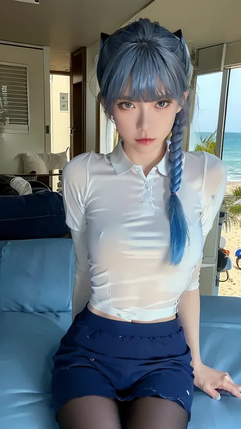 polo shirt、pantyhose/stockings、during、nsfw,revealing、Erect nipples、soaked、Bite、Erotic regime、Blue hair、Showing nipples、Navel Reveal、Beach