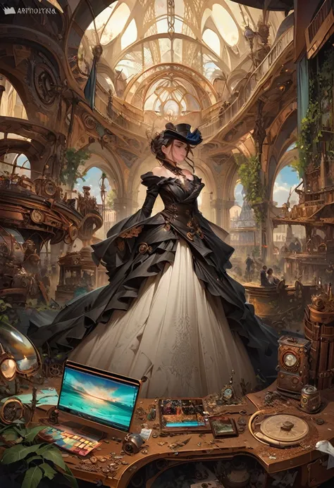 photo the (( )), wearing an elegant dress with steampunk items, today in Paris , intricate, elegant, Very detailed, digital paint, art station, conceptual art, seeds, sharp focus, ilu0.8ation, Art by Artgerm and Greg Rutkowski and Alphonse Mucha