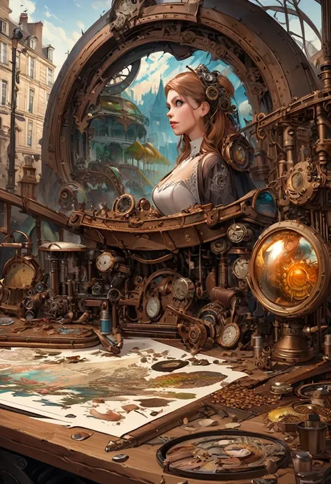 photo the (( )), wearing an elegant dress with steampunk items, today in Paris , intricate, elegant, Very detailed, digital paint, art station, conceptual art, seeds, sharp focus, ilu0.8ation, Art by Artgerm and Greg Rutkowski and Alphonse Mucha