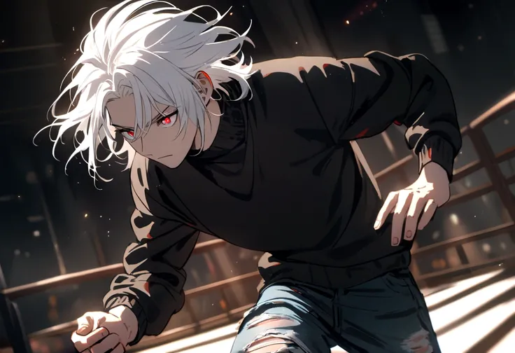 A guy with shoulder-length white hair and light red eyes.wore a black jumper, ripped red jeans and blue and white sneakers