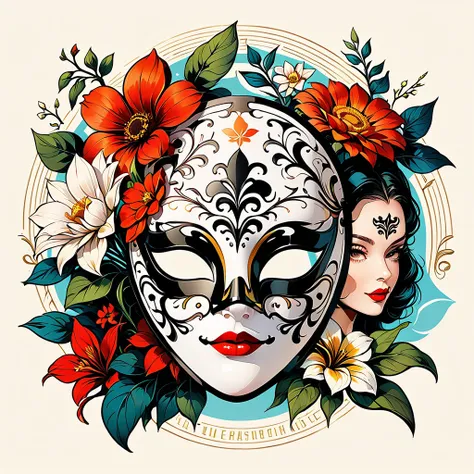 black lines contour，retro，logo design，illustrator，flower-filled masks