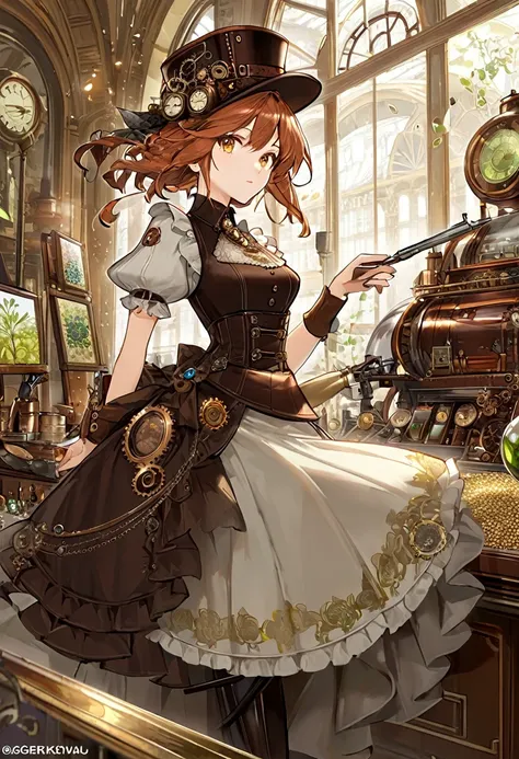 photo the (( )), wearing an elegant dress with steampunk items, today in Paris , intricate, elegant, Very detailed, digital paint, art station, conceptual art, seeds, sharp focus, ilu0.8ation, Art by Artgerm and Greg Rutkowski and Alphonse Mucha