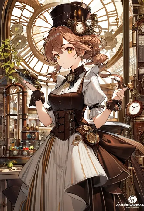 photo the (( )), wearing an elegant dress with steampunk items, today in Paris , intricate, elegant, Very detailed, digital paint, art station, conceptual art, seeds, sharp focus, ilu0.8ation, Art by Artgerm and Greg Rutkowski and Alphonse Mucha