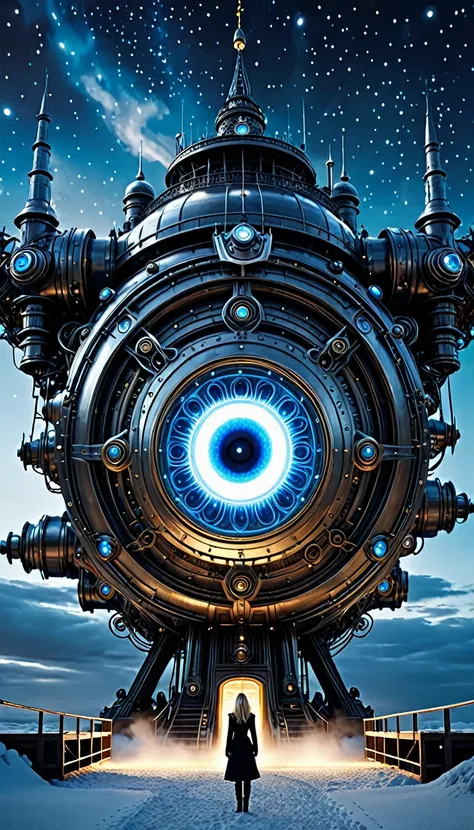 Surrealism, mysterious, bizarre, fantastical, fantasy, Sci-fi, the night engine that eats up the darkness, the macrocosmos of the heavenly world and the microcosmos of the earthly world correspond, a memorandum on memory style architecture, beautiful nordi...