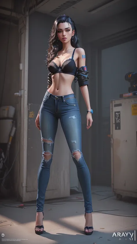 Arafed woman in a black bra top and jeans poses for a photo, Blue jeans. Unreal 5, photorealistic full body, photorealistic perfect body, cyberpunk 2 0 y. o Model Girl, highly detailed character, deviantart artstation cgscosiety, Highly detailed full body,...