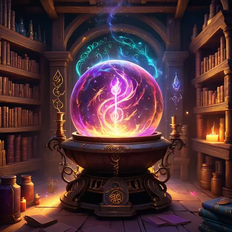 (background: mystical laboratory with glowing runes:1.2), (Features: ancient shelves filled with dusty tomes and mystical ingredients:1.0), (central focus: a large bubbling cauldron emitting colorful vapors:1.2), (Accessories: floating potion vials, enchan...