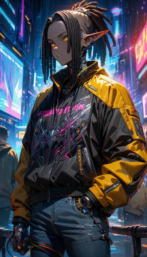 Adult guy, ebony skin, elf ears, black hair, dreadlocks haircut, yellow eyes, cyberpunk black jacket, jeans, cyborg hands with whips, Masterpiece, best quality, Full HD, 8k, ultra details, great graphic