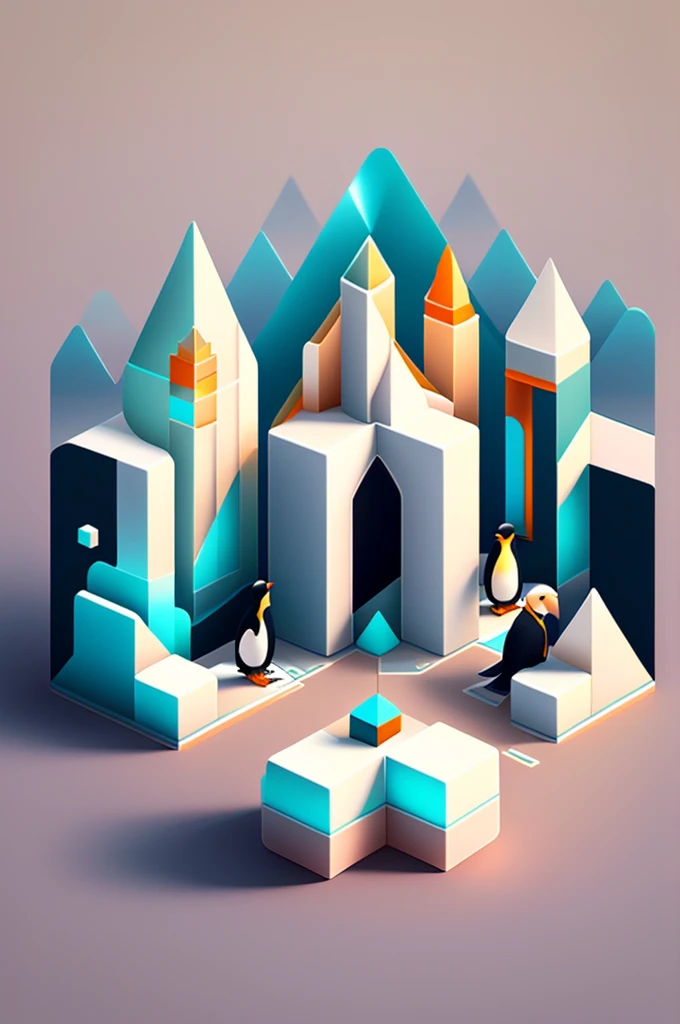 3 penguins on a puzzle map,Beautifully sophisticated，cube，iceberg、castle，Creative scene design，trending on Art Station, Monument Valley, Level Design, Low Poly, Isometric Art, 3D Art, High Detail, Art Station, Concept Art, behance, Ray Tracing, Smooth, Cle...