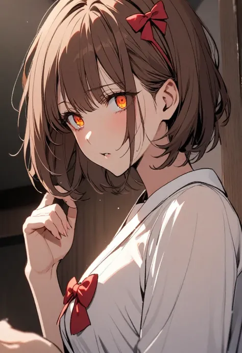 girl, brown hair, orange eyes, red bow on hair, short hair, yandere, beautiful, mature