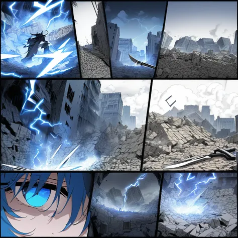 ((highest quality)), ((masterpiece)), (detailed)),  a a scene blue hair blue eye emission multiple knives with lightning vs shadow demonic creatures Smoke in a rubble and destroyed city Comic ebook storyboard