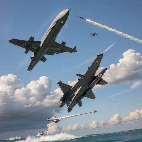 a fighter plane, trailing a cruise missile. 