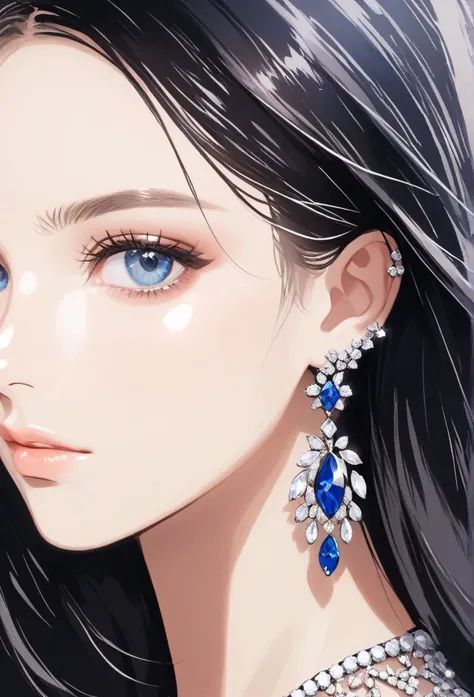 (masterpiece, best quality), intricate details, , a close up of a woman wearing earrings, inspired by Emma Andijewska, draped in crystals, silver color, long earrings, sandra chevier, huge earrings, 2019, blue-eyed, platinum jewellery, earring, flawless st...