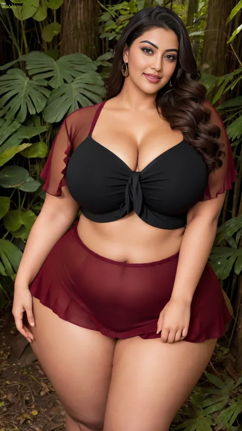 Indian gorgeous curvy plus size actress madhubala, glowing eyes, wearing Crimson Glow color SHEIN Clasi Plus Size Solid Color Shirt With Ruffle Detail And Round, covered Bust, parted lips, thick thighs, bigger waist, busty, curvy plus size body, full body,...