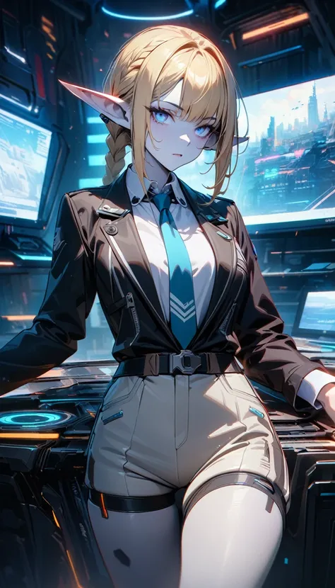 Adult woman, pale skin, elf ears, blonde hair, cornrow haircut, blue eyes, cyberpunk drones, shirt, breeches, necktie, Masterpiece, best quality, Full HD, 8k, ultra details, great graphic