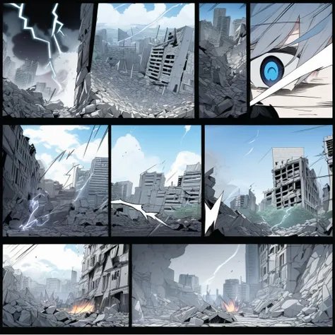 ((highest quality)), ((masterpiece)), (detailed)),  a a scene blue hair blue eye emission multiple knives with lightning vs shadow demonic creatures Smoke in a rubble and destroyed city Comic ebook storyboard