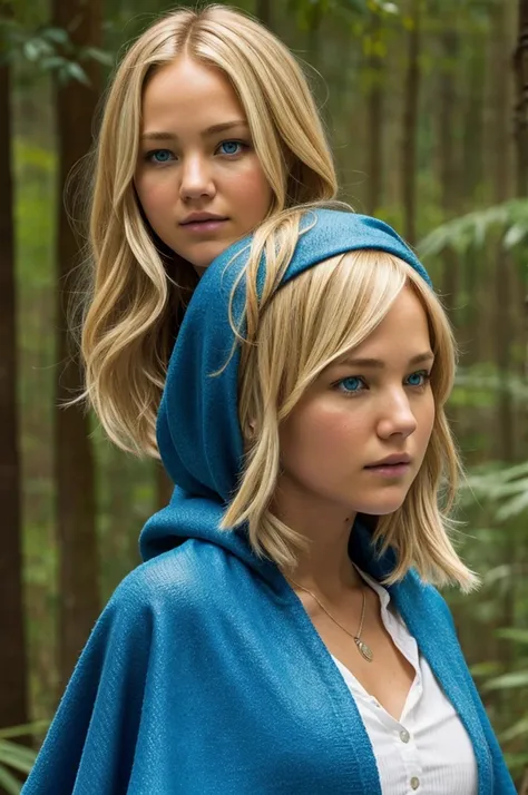 Beautiful blonde girl identifies Jennifer Laurence with blue poncho 