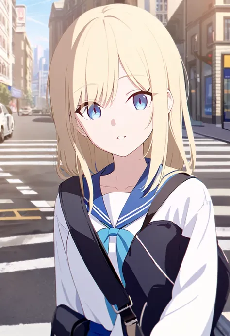 An elegant-looking blonde with striking blue eyes, you wear a blue achive over a white seifuku. You have a black sports bag slung over one shoulder. You stand in the middle of a city street.