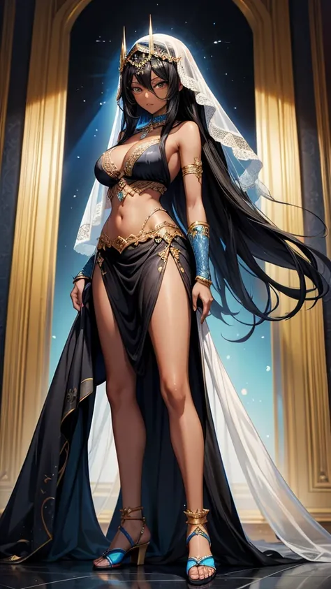 Dark skinned woman with long black hair，veil，blue persian clothing，long skirt，cleavage，bare arm，Bare Legs，sandals，Standing，persian palace