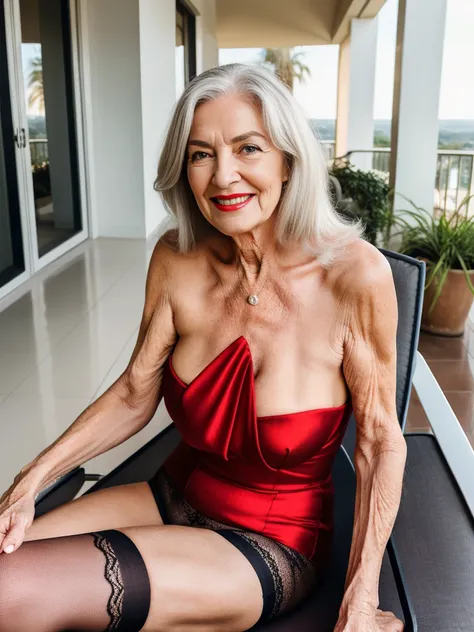 night, soft lights, old women Sixty years old, red lips, long-long white straight hair, hair on her eye, she smiling, posing on huge night balcony, sitiing on the chair and spread her legs, she weared red dress with black lace stockings, older beauty, jaw ...