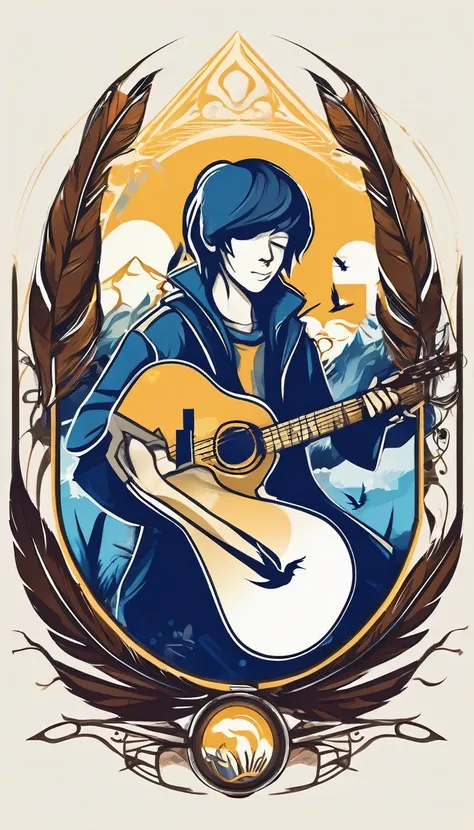 Create a minimalistic, simple, fantastic, easy to understand, logo design of a boy playing acoustic guitar and a feather for an upcoming Fantasy Role Playing Game called " Penamemoria". The game is about a world full of bird and feathers. A boy enters that...