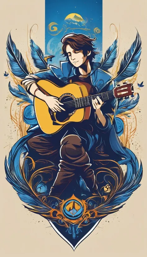 Create a minimalistic, simple, fantastic, easy to understand, logo design of a boy playing acoustic guitar and a feather for an upcoming Fantasy Role Playing Game called " Penamemoria". The game is about a world full of bird and feathers. A boy enters that...