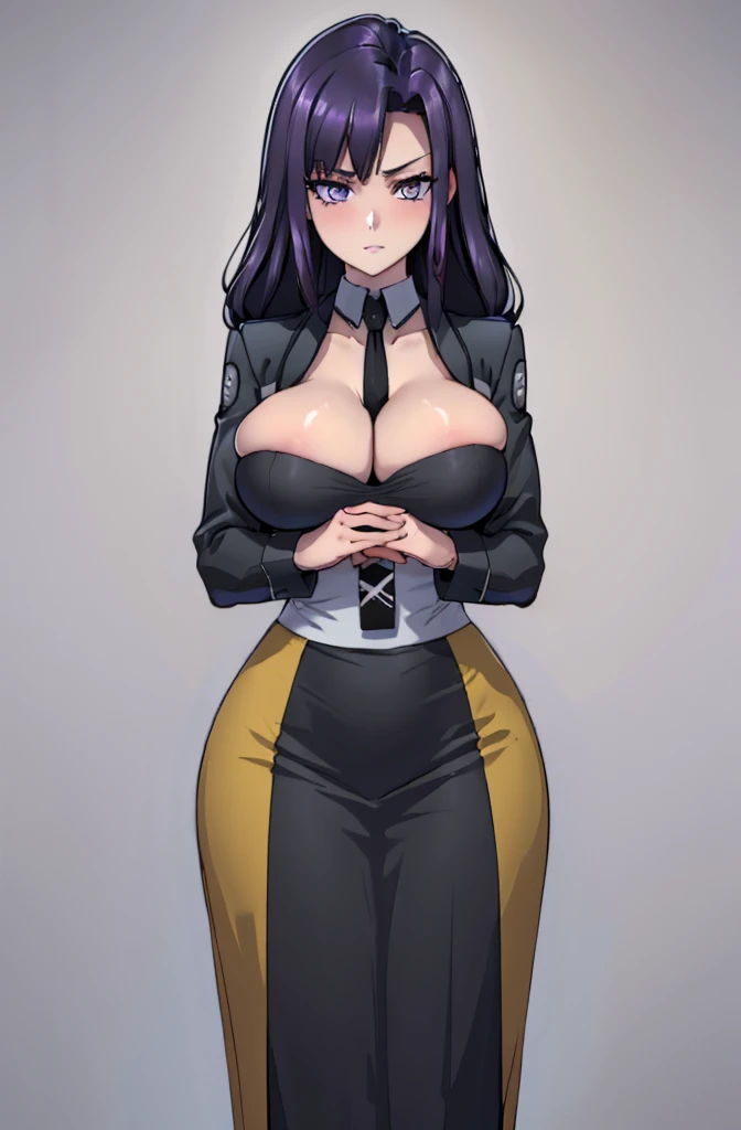 Masterpiece. detailed eyes, waist-length reddish purple hair, Large breasts, black dress, black shirt, magic_high_school_uniform, Charcoal jacket, black necktie, yellow skirt embroidery, giant breasts, bursting breasts