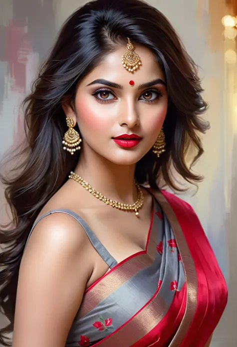 perfect pink eyes, fantastic face, Indian, beautiful look, ((red lips, bright eyes, curve heir 1.5)), ((beautiful details very big breast )), (Straight round and ultra huge clevage, not sagging breast), A glorious gorgeous, glorious gorgeous face, pretty f...