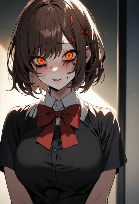 girl, brown hair, orange eyes, red bow on hair, short hair, yandere, beautiful, mature, scary girl