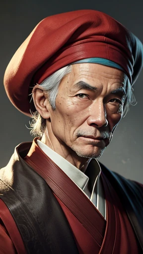 alone、Oriental、He wore a red vest over his kimono.、（（Old Japanese man））、Highest quality、masterpiece、Ultra-high resolution、(Realistic:1.4)、Game Poster、Crisp and beautiful image quality、Sixtieth birthday man,He wore a red beret that was loosely wrapped aroun...