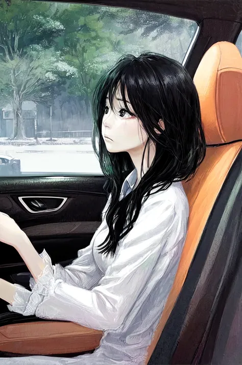 Beautiful woman in the car、Woman looking out the window、Sad look、It&#39;s raining outside the car、Water drops on the window、