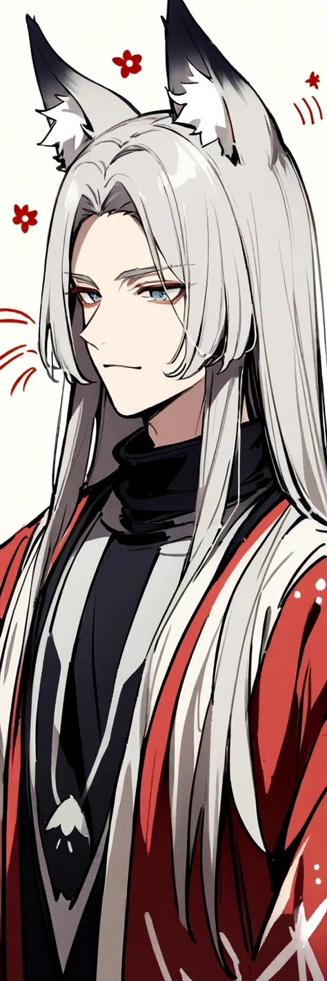 male、Fox、Animal Ears、Silver Hair、Long Hair、Japanese style、Bow drawing、1 person、High neck、Gradation、Japanese and Western