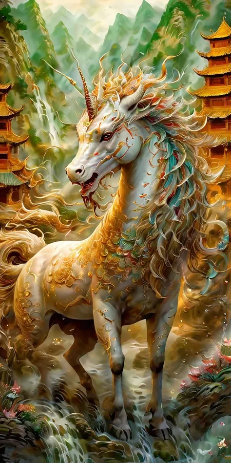 A high-resolution watercolor painting, rich in intricate details and steeped in Chinese culture. The focal point is a majestic and strong ((Chinese unicorn)), large and imposing, depicted with flowing mane and powerful stance. Surrounding the unicorn are e...