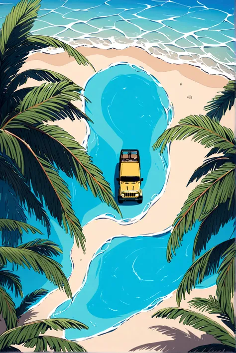 Above the upper half of the picture is a large expanse of blue sky, jeep, Palm tree,5 colors, Beach