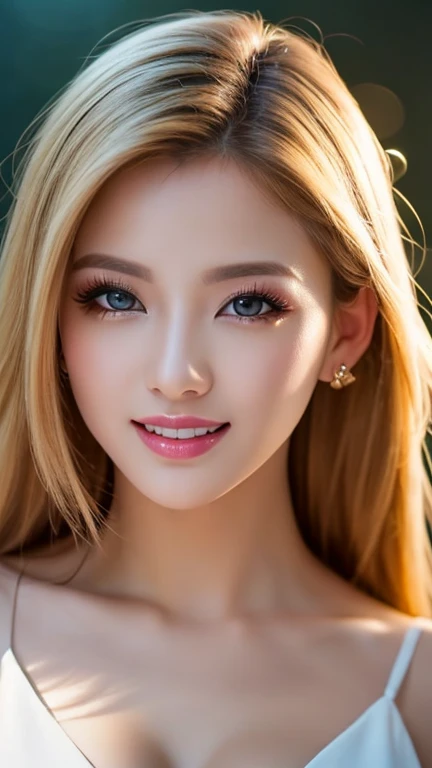 (Highest quality,Super detailed,Photorealistic:1.37),Bright and vibrant colors,Studio Lighting,Playful expressions,Stylish makeup,Long blonde hair fluttering in the wind,Captivating eyes,Glossy Lips,Sexy pose, cotton dress, Confident、Captivating smile,Posi...