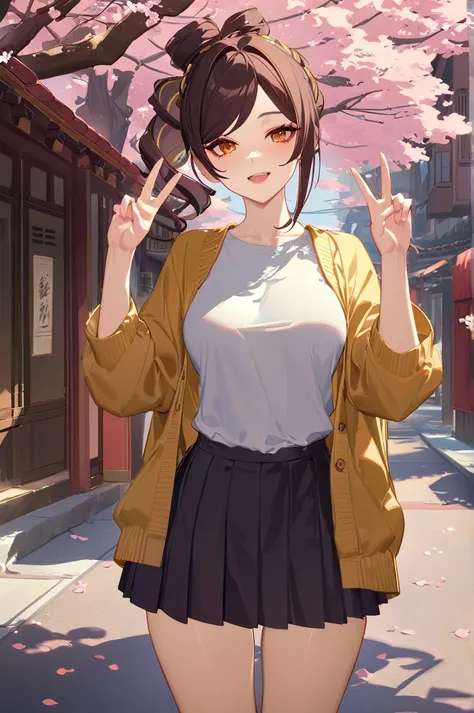 masterpiece, best quality, perfect features, intricate details, ray tracing, newest,(hitenkei, askzy:0.4), 1girl, chiori (genshin impact), solo, , white shirt, sweater, pleated skirt, light smile, double v, looking at viewer, smile, open mouth, outdoors, s...