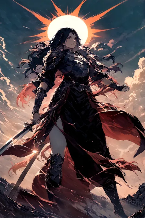 the god of the sun and darkness (posing holding a sword covered in an aura of darkness and the sun with long hair