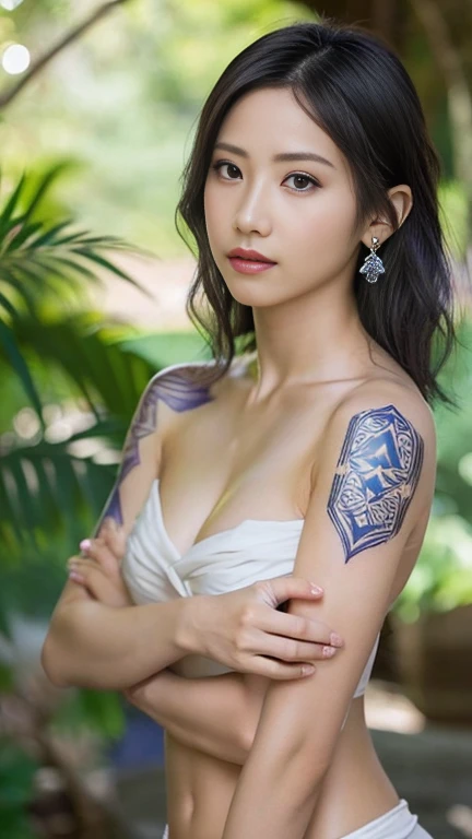 Anime-style woman, thin, thin, whole body, Full of tattoos, Lots of earrings, Beautiful and shiny hair, Rainbow Eyes, Slanted Eyes, Wavy silver hair, Kind and charming, shoulderを露出させる, Delicate and sexy collarbone, Attractive oval face, double eyelid, Pink...