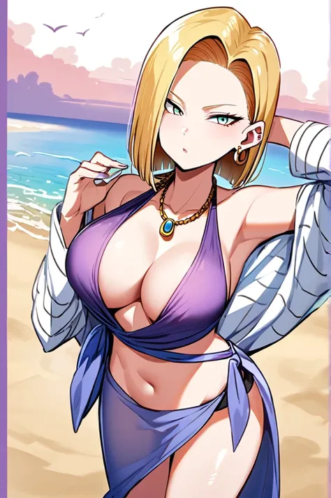 Android 18, e Cup sized breasts, bikini, at the beach, Cover Up sarong, earrings, necklace