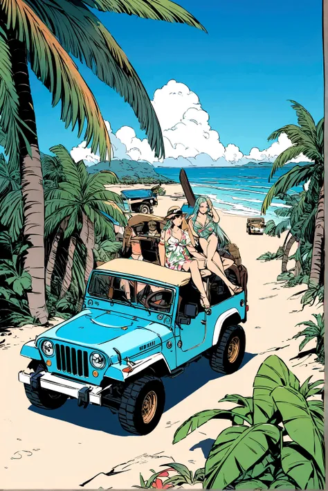 Above the upper half of the picture is a large expanse of blue sky, jeep, Palm tree,5 colors, Beach，Hawaiian style，Summer style