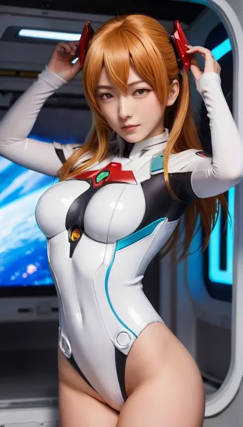 (俯瞰figure),Dynamic Angle,Super detailed, figure, close, Straight, One girl, 
 ((Soryu Asuka Langley, Interface Headset, Red bodysuit:1.4, blonde)),Her eyes shone like dream-like stars,(Glowing Eyes:1.233),(Beautiful and detailed:1.1),(Expressionless,Mouth ...