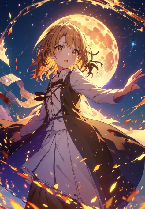 Irohaisshiki, isshiki iroha, short hair, Brown Hair, (Brown eyes:1.5), smile,Open your mouth,((Night Sky)),((Big full moon)),((Sparkling and colorful stars)),Fluffy hair,((Idol style costume with soft volume)),Long skirt,((witch)),He has a long stick with ...