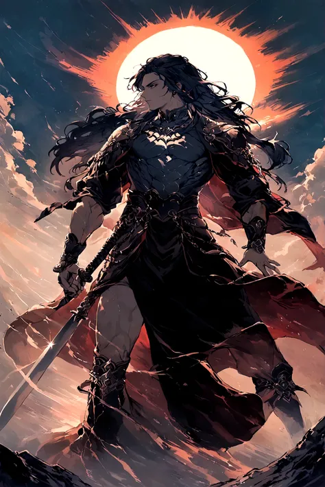 the god of the sun and darkness (posing holding a sword covered in an aura of darkness and the sun with long hair ,man strong