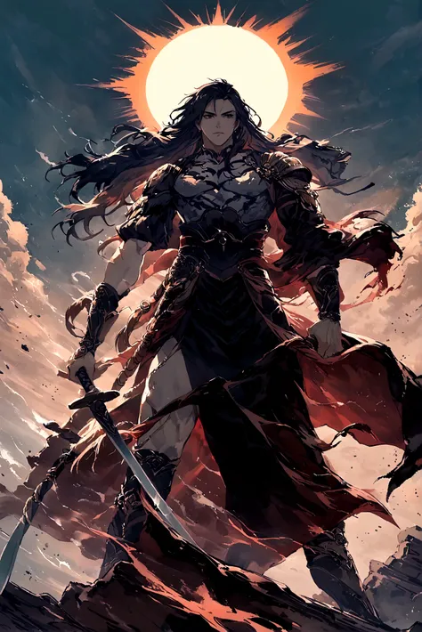 the god of the sun and darkness (posing holding a sword covered in an aura of darkness and the sun with long hair ,man strong