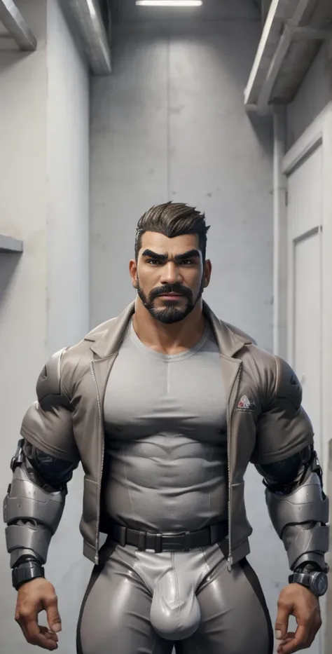 1boy, Gabriel Reyes, solo, facial hair,34 yrs old, chavalpha, male focus, bara, muscular, mature male, muscular male, beard, short hair, thick eyebrows, brown-skinned male, thighs, fancy suit, dark skin, tie, tight stripes t-shirt, tight pants, open jacket...