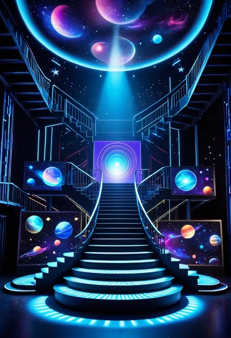 3D stage design, movie elements, projectors, stars and other elements, equipped with spotlights and neon lights. In the middle is an electronic screen decorated with elements such as the universe and projector. In front of it, there is a staircase. At nigh...