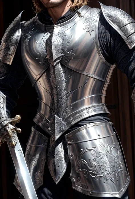 close up of man in armor holding sword, photogenic details on the armor, intricate armor details, song inspired by rajmund kanel...