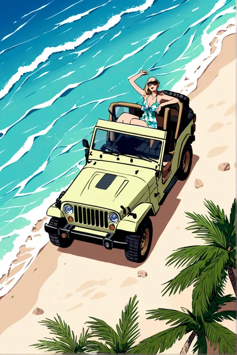 Above the upper half of the picture is a large expanse of blue sky, jeep, Palm tree,5 colors, Beach，Hawaiian style，Summer style