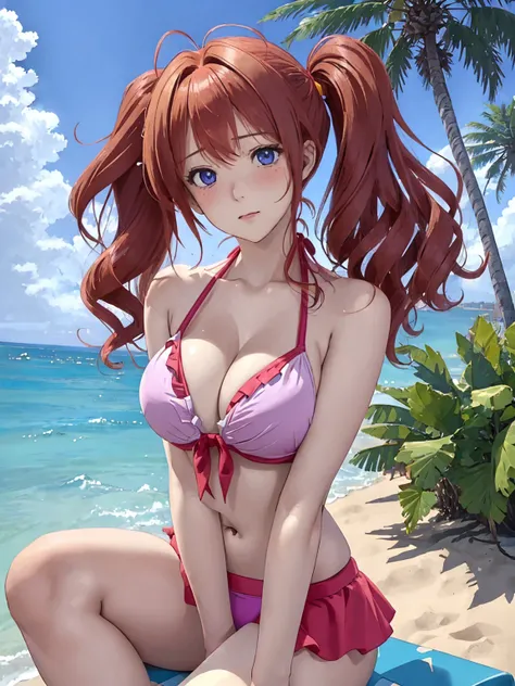 (This is a close-up shot of a young anime girl in a bikini on the beach:1.4),(solo:1.4),(1girl:1.4),(curly red hair:1.3),(violet eyes:1.2),(yellow underwear top:1.3),(green underwear bottom:1.2),(navel:1.1),(sitting on the beach:1.3),(palm trees in the bac...