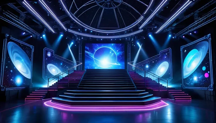 3D stage design, movie elements, projectors, stars and other elements, equipped with spotlights and neon lights. In the middle is an electronic screen decorated with elements such as the universe and projector. In front of it, there is a staircase. At nigh...