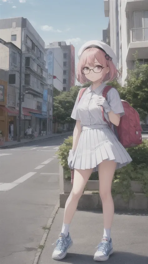 Japanese high school girl, standing on the sidewalk, posing with two fingers in both hands, distant view, pink hair, pink eyes, long hairstyle, wearing a white face mask, wearing a blue cap, wearing glasses with transparent lenses.  , blue rims, raw footag...